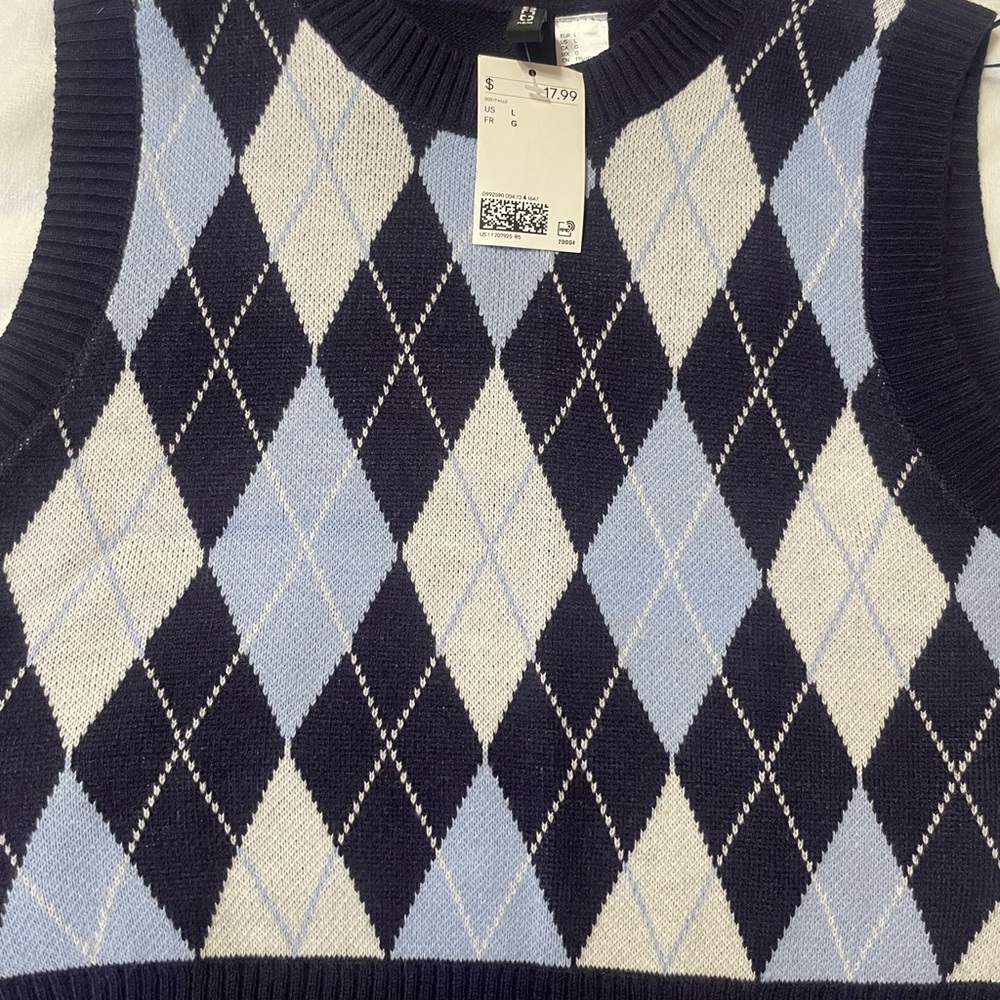 H&M Argyle Crewneck Sweater - Navy, Light Blue, and White